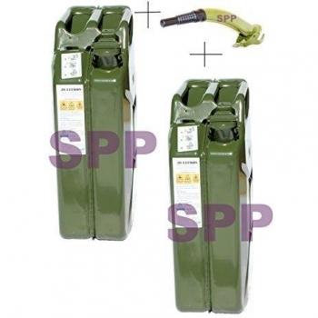 SPP 2xJC20V+B - DOS JERRY CANS / BIDONES METALICOS - HOMOLOGADOS PARA COMBUSTIBLE 20 L VERDE + UN VACIADOR