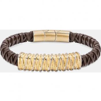 Pulsera Police Barbedwire PEJGB2112301 para Hombre de Acero Inoxidable Dorado con Cuero Marrón