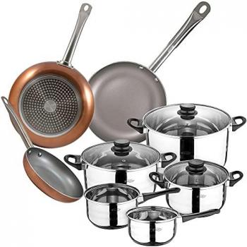 Batería de cocina 8 piezas SAN IGNACIO en acero inoxidable con juego de sartenes (18, 22 y 26 cm) en aluminio prensado, colección Optimum Plus, inducción