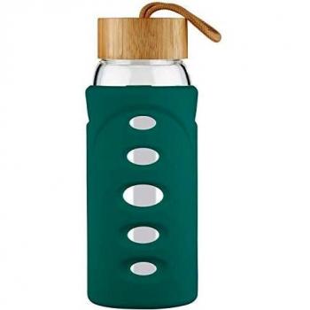 Justfwater Botella de Agua de Borosilicato de 750ml, Botella de Agua de Vidrio con Funda de Silicona y Tapa de Bambú