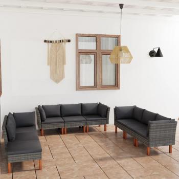 9-Piece Grey Poly Rattan Garden Lounge Set with Cushions