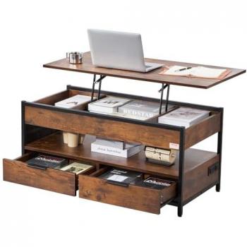 Mesa de Centro Retráctil con Tapa Elevable, 1000x498x480 mm, Rectangular para Salón, con Bolsillos de Almacenamiento y Regleta USB, Iluminación Ambiental, Color Marrón