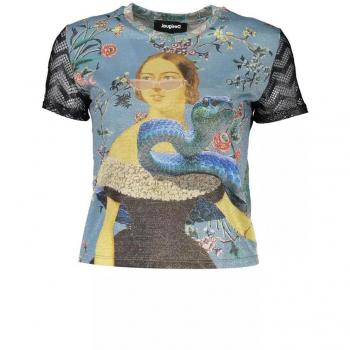 Desigual Multicolor Printed Blue Tee with Contrasts, Light Blue Polyester T-Shirt for Women, Size L