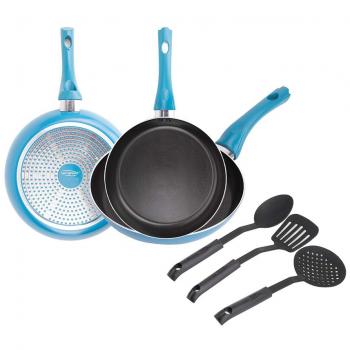Set de 3 sartenes San Ignacio Zahara + 3 utensilios de cocina
