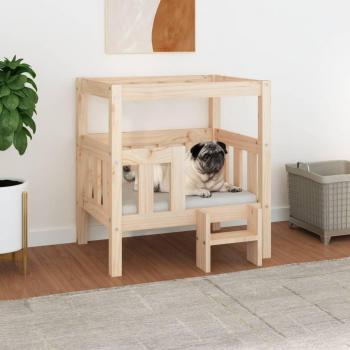 Cama para Perros de Madera Maciza de Pino 65.5x43x70 cm en Color Natural, Blanco y Gris