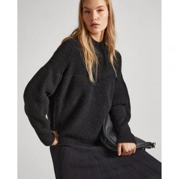 Jersey de mujer Femke negro con cuello redondo y canesú semitransparente de Pepe Jeans