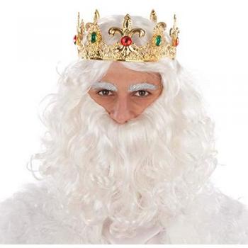 Corona Rey Mago Melchor Dorado con Barba Postiza de Metal y Piedras Preciosas Talla Única