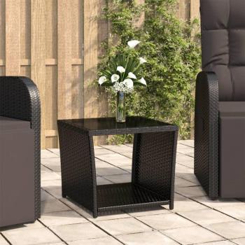Mesa de jardín de Polyrattan negro con superficie de vidrio templado