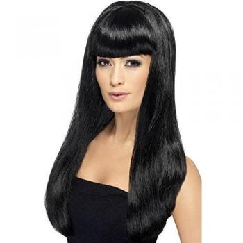 Smiffy's-42416 Pom Girl Peluca Babelicious, Larga, Recta con Flequillo, Color Negro, Tamaño único