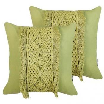 Cojines de algodón con relleno macramé patrón boho flecos 45 x 45 cm verde Kalam - Conjunto de 2 unidades
