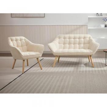 Sofá de 2 plazas y sillón en tela beige Caserta