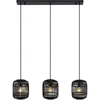 Lámpara colgante Canyana, negra, 3 luces, ratán, 105 cm