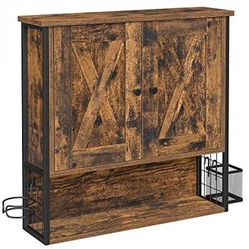 Armario de Baño de Pared Industrial Marrón Rústico y Negro con Estante Ajustable y Soportes para Secador y Cepillos