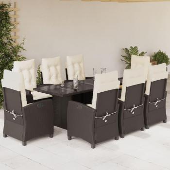 9-Piece Brown Poly Rattan Garden Dining Set with Cushions