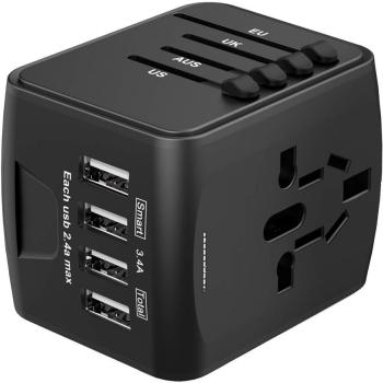 Adaptador Enchufe de Viaje HUANUO Universal Enchufe Adaptador Internacional con Dos Puertos USB para Más de 150 Países,100 – 240 V AC, con Seguridad Integrada, Adaptador de Viaje con 4 USB Carga
