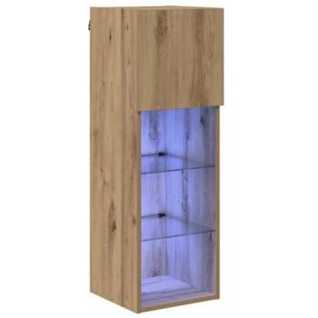 Mueble TV Mural Rectangular con Luces LED y Acceso a Bisagras 30,5 x 30 x 90 cm en Madera de Roble Artesanal