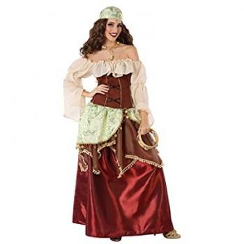 Disfraz de Gitana Adivina para mujer Atosa, incluye vestido largo con estampado colorido, cinturón, pañuelo para la cabeza y accesorios