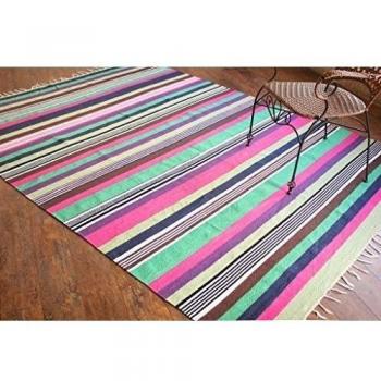 Alfombra de tejido reversible tejido 100% algodón orgánico con tintes vegetales. Estampado a rayas multicolor. Tapete. Medidas: 180x240 cm