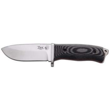 Cuchillo de Supervivencia THOR J&V con mango Micarta negra, hoja de 12 cms y funda negra de piel multiposición. Herramienta de Camping para Pesca, Caza y Actividades Deportivas al Aire Libre
