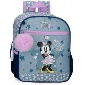 Mochila Infantil Disney Minnie Style 28cm Azul con Bolsillo Frontal y Pompón Decorativo