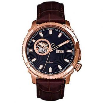 Reign Bauer Rose Gold Automatic Semi-Skeleton Leather Band Watch