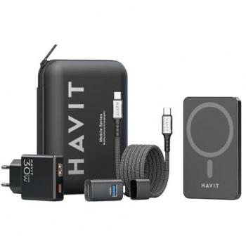 Kit de Carga Havit 2024 - Cargador USB-C GAN 30W, Batería Externa y Accesorios Versátiles en Negro y Gris