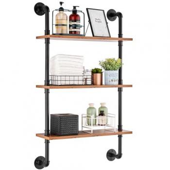 VEVOR 3-Tier Industrial Pipe Shelf - Black Rustic Wood Wall Storage for Kitchen, Bedroom, Bathroom - 24.8 x 8.07 in