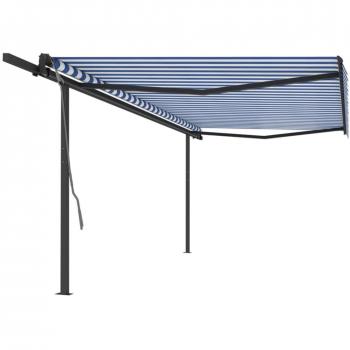 Toldo retráctil automático Día y Noche con postes azules y blancos 5x3 m