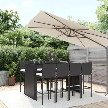 9-Piece Black Poly Rattan Garden Bar Set with Cushions