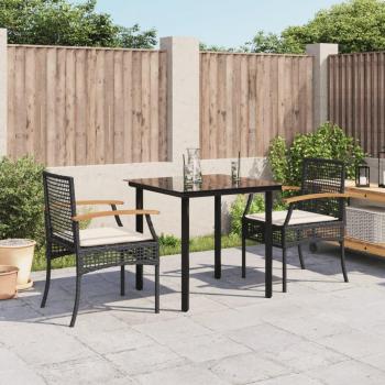 3-Piece Black Poly Rattan Garden Dining Set with Cushions