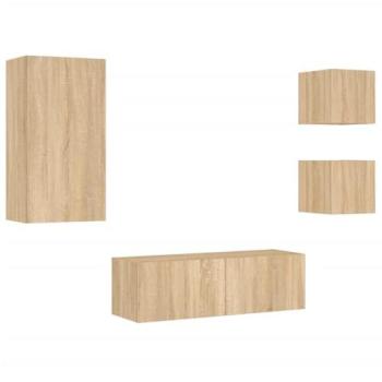 Mueble TV Multimedia de Pared con Luces LED - 4 Piezas - Roble Sonoma Marrón