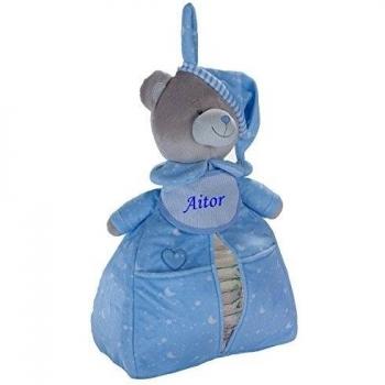 Guardapañales osito azul con babero personalizado con nombre
