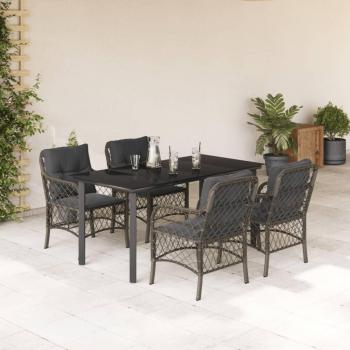 5-Piece Grey Poly Rattan Garden Dining Set with Cushions