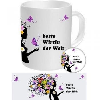Mejor anfitriona 01 - taza y pegatinas-Button Combi-regalo - Las mujeres Regalo de café, té, premium-vasos Alta Resolución impresión por sublimación, apto para lavavajillas