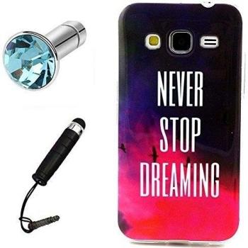 Lusee® la caja silicone de TPU del gel para Samsung Galaxy Core Prime G360F / LTE 4G Funda Cáscara La caja posterior a parachoques La caja posterior de cubierto + el estilo Touchpen gratuido,el enchufe de polvo prueba rosa negro Never Stop Dreaming