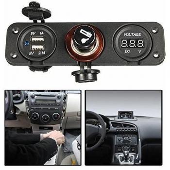 SOLOOP 12V Encendedor de Cigarrillos + Dual USB Adaptador Cargador + Voltímetro para Coche Negro