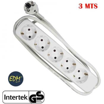 Regleta Enchufes 5 Tomas sin Interruptor EDM Schuko 3 m - Base múltiple con 5 tomas Schuko, longitud de cable de 3 metros, sección del cable de 3x1,5 mm