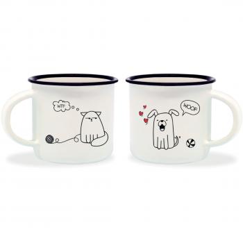 Tazas de Café Espresso para Dos - Porcelana Bone China con Diseño de Perro y Gato