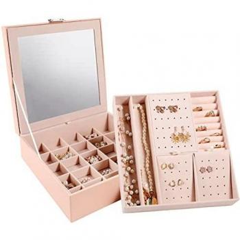Tikea Joyero Grande, Estuche Joyas de Almacenamiento, 26x26x9cm, 2 Capas Caja de Joyas con Espejo, Organizador de Joyas para Anillo de Pendientes Collar Pulsera