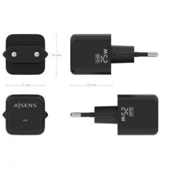 Cargador Gan de Pared Aisens ASCH-25W1P013-BK, 1xUSB Tipo-C, 25W, PD3.0, QC4.0, Color Negro