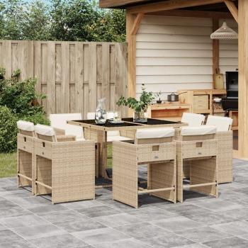 9-Piece Beige Poly Rattan Garden Dining Set with Cushions