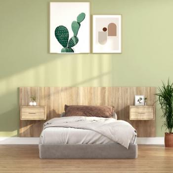 Cabecero de cama con mesitas de noche en madera contrachapada de roble Sonoma