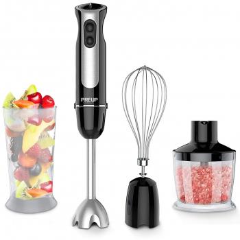 PREUP Batidora de Mano, 800W Batidora Multifuncional 4 IN 1 con Velocidad Ajustable Electrico Cortador de Verduras y Carne, con Vaso Medidor de 600ML, Picadora de 500ML