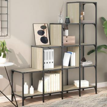 Estantería de madera de ingeniería y metal 122x30x132 cm en color negro, roble sonoma y roble ahumado, mueble de almacenaje para oficina, estudio o dormitorio