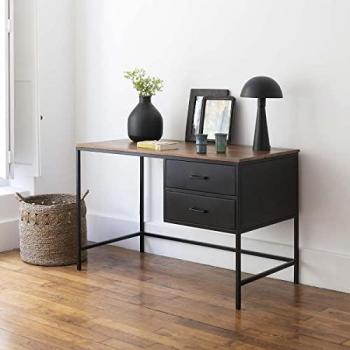 Escritorio de metal y madera de mango negro con 2 cajones