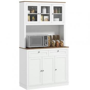 HOMCOM Alacena de Cocina Mueble Auxiliar con 3 Puertas de Vidrio, Compartimento Abierto, 2 Cajones y Estantes Ajustables, Dimensiones: 100x40x180 cm, Color Blanco