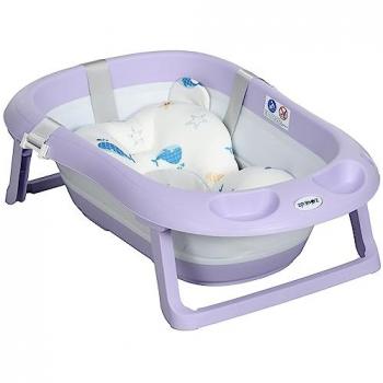 Bañera Plegable para Bebé ZONEKIZ con Cojín, Almohadillas Antideslizantes, Orificio de Drenaje y Agujero de Ducha, Dimensiones 83x48x23.5