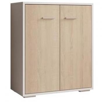 Aparador modelo Lander, tipo aparador de salón, dimensiones 60x71x30cm, color Blanco y Sonoma Mate, con 2 puertas, tiradores metálicos, moderno