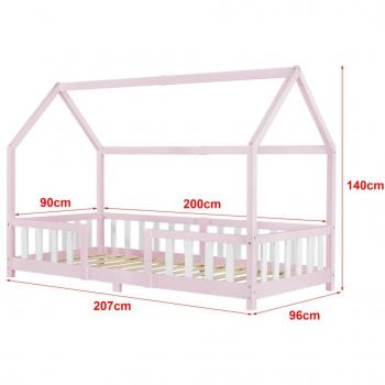 Cama para niños Sisimiut forma de casa 90x200 cm rosa y blanco mate con protección contra caídas