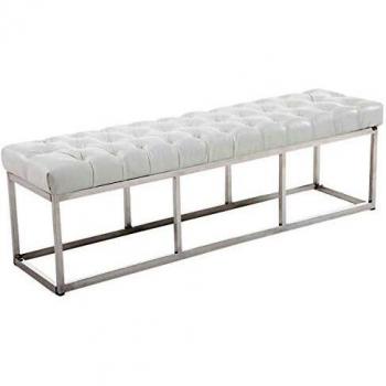 Banco CLP con patas de metal y asiento en simil cuero blanco, Taburete Pie de Cama Amun con base en acero inoxidable, color blanco, 150 cm